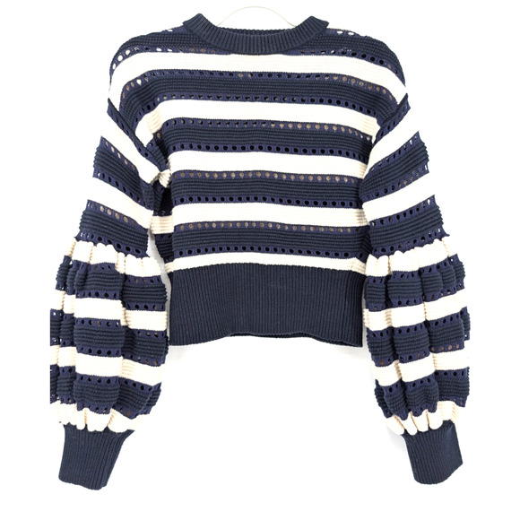 Self-Portrait Striped Balloon Sleeve Cropped Sweater Navy White Small Prep Twee - Picture 8 of 15